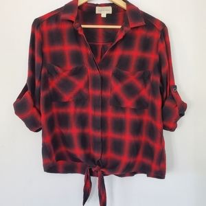 ANTHROPOLOGIE CLOTH & STONE M Red Black Plaid Button Top Boxy Waist Tie RollTab